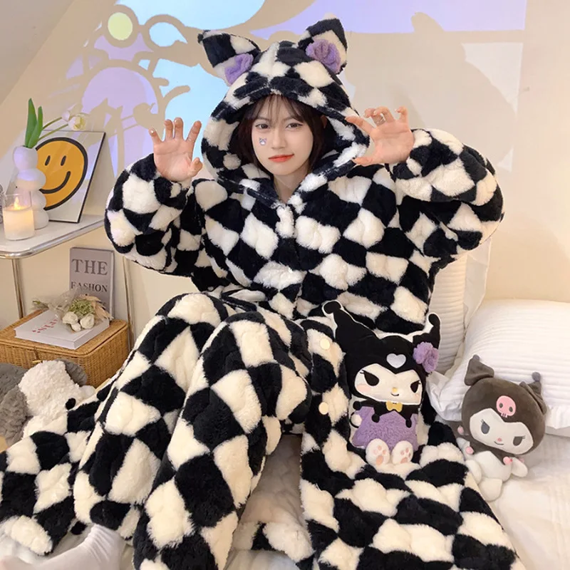 2pcs Sanrio Cartoon Kuromi Pajamas Suit  Coral Fleece Three Layer Winter Warm Long Sleeve Thickened Homewear Women Night Clothes