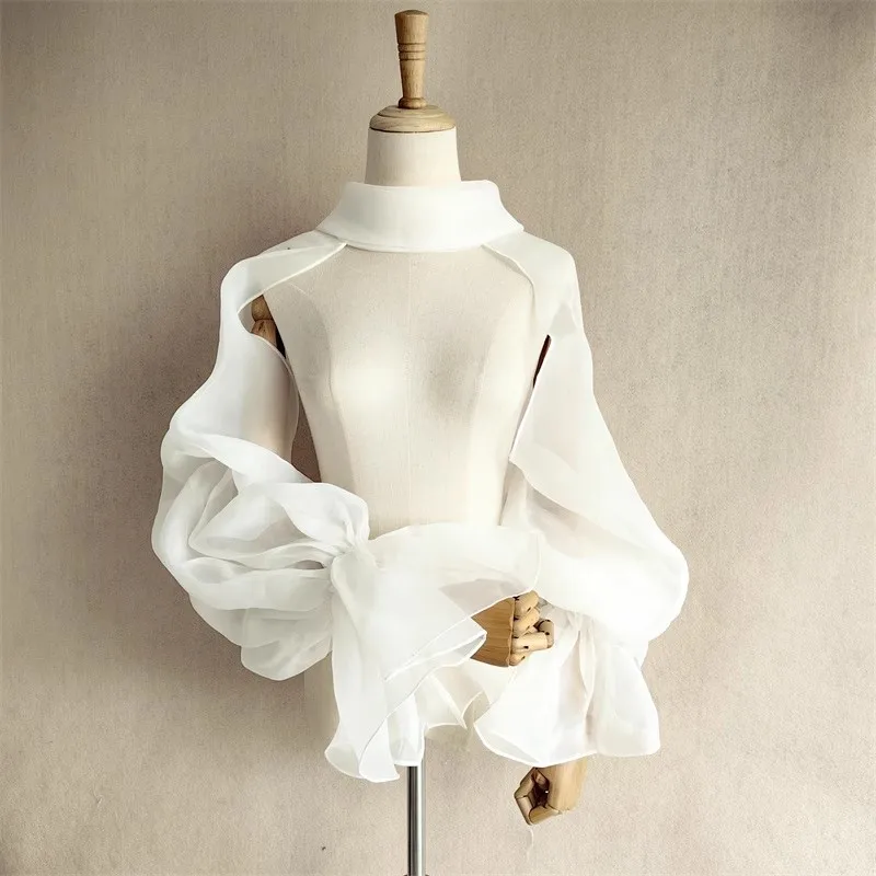 Mingli Tengda Organza Wedding Shrug Puffy Full Trumpet Sleeves High Neck Backless Bride Bolero Bridal Jacket Cape Party Shrug