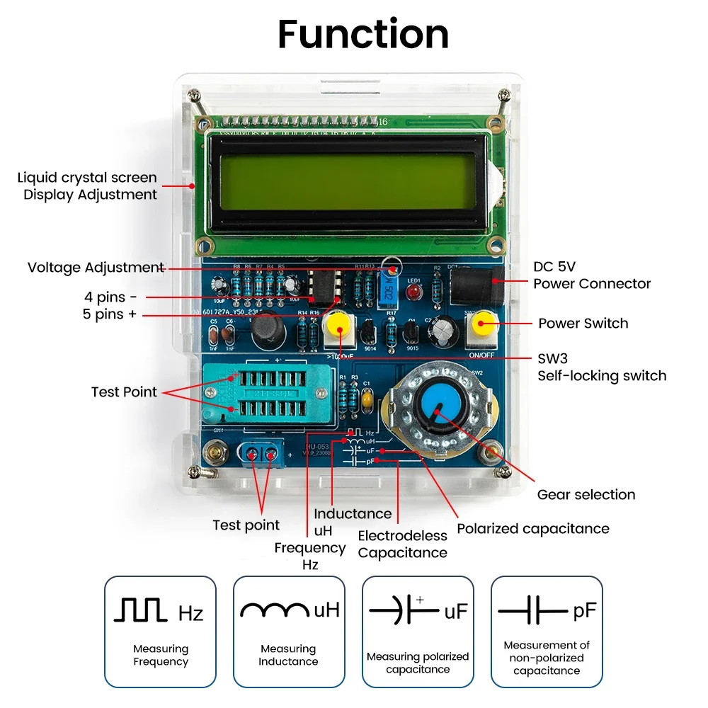 DC5V High Precision Inductance Capacitance Measuring Instrument Digital Transistor Tester LCD Frequency Meter USB Cable DIY Kit
