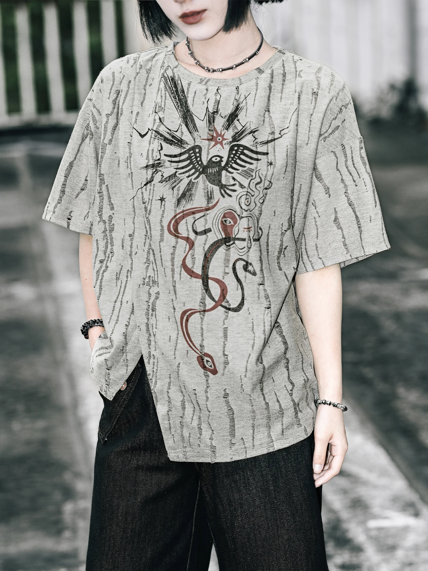 Dark Print Short Sleeve T-Shirt Women's Textured Feeling Casual Loose Fit Fiber Viscose Polyester round Neck Drawstring