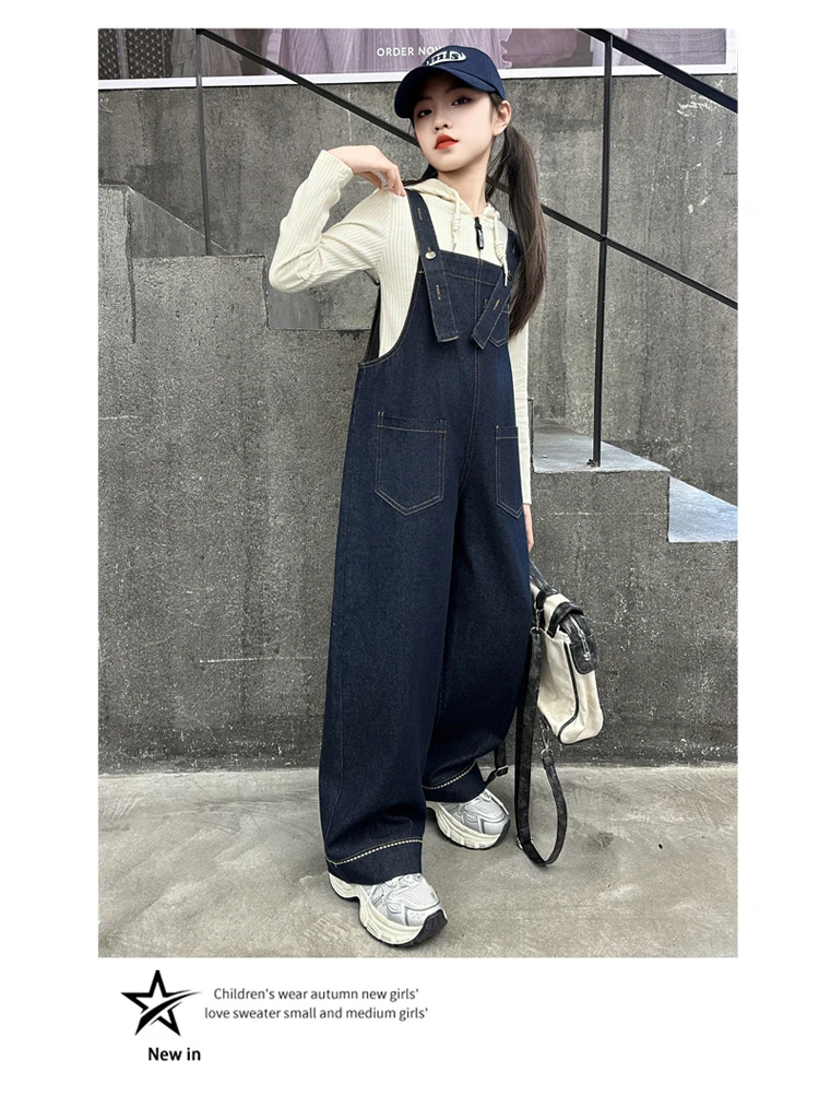 Kinder Vintage Dunkelblauer Denim-Overall für Mädchen, Modischer Jumpsuit, High-Street-Oberbekleidung, Kinder-Teenager-Latzhose mit Trägern, Größe 5-14 – Detail 2