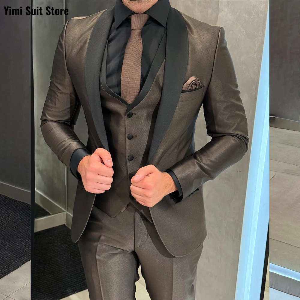 

Men Suit 3 Pieces Shawl Lapel Single Breasted For Wedding Groom Business Outfits Wedding Groom Casual Male Suit Jacket+Vest+Pant