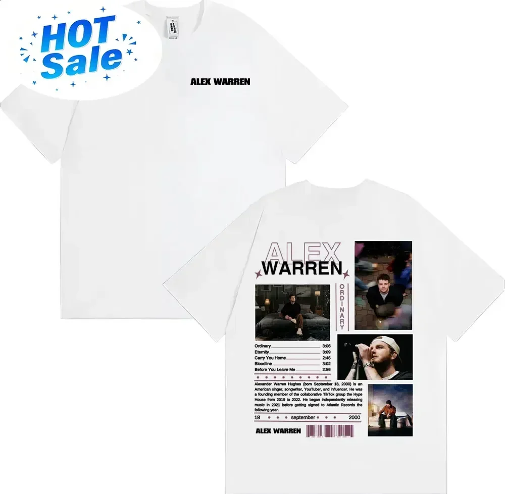 Rapper Alex Warren Ordinary Album Tour T Shirts Men's Clothing High Street Hip Hop Punk T-shirts Casual Cotton Oversized  Black