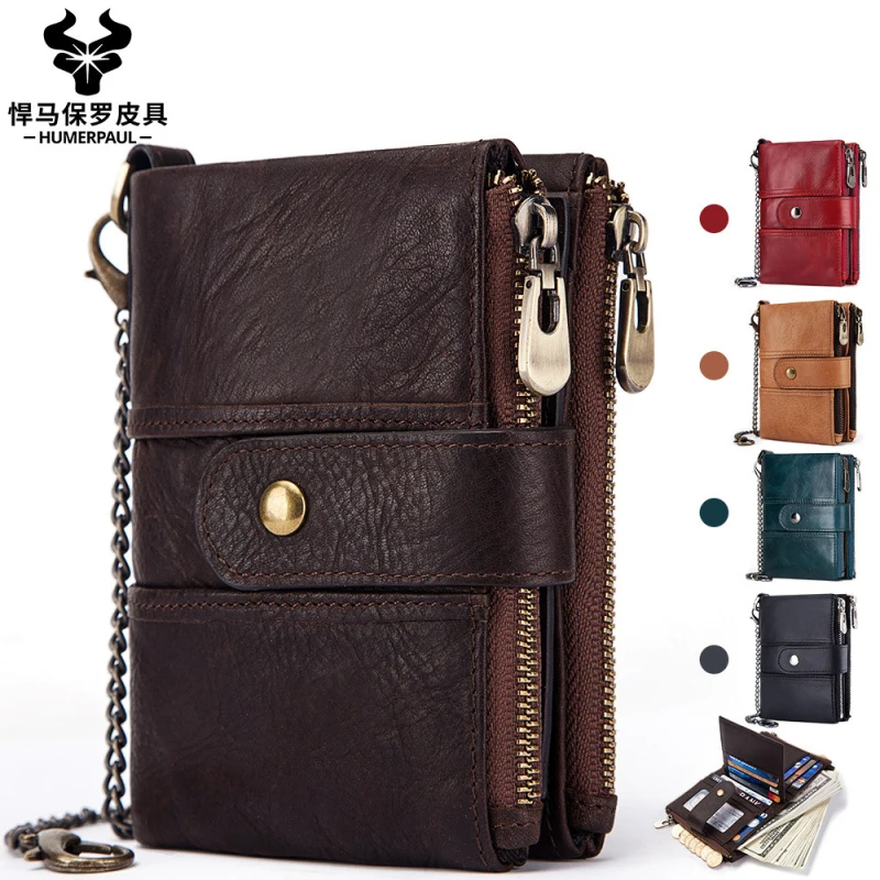 RFID anti-theft wallet genuine leather bag multi-function buckle zipper retro crazy horse cowhide men\'s bag casual coin purse