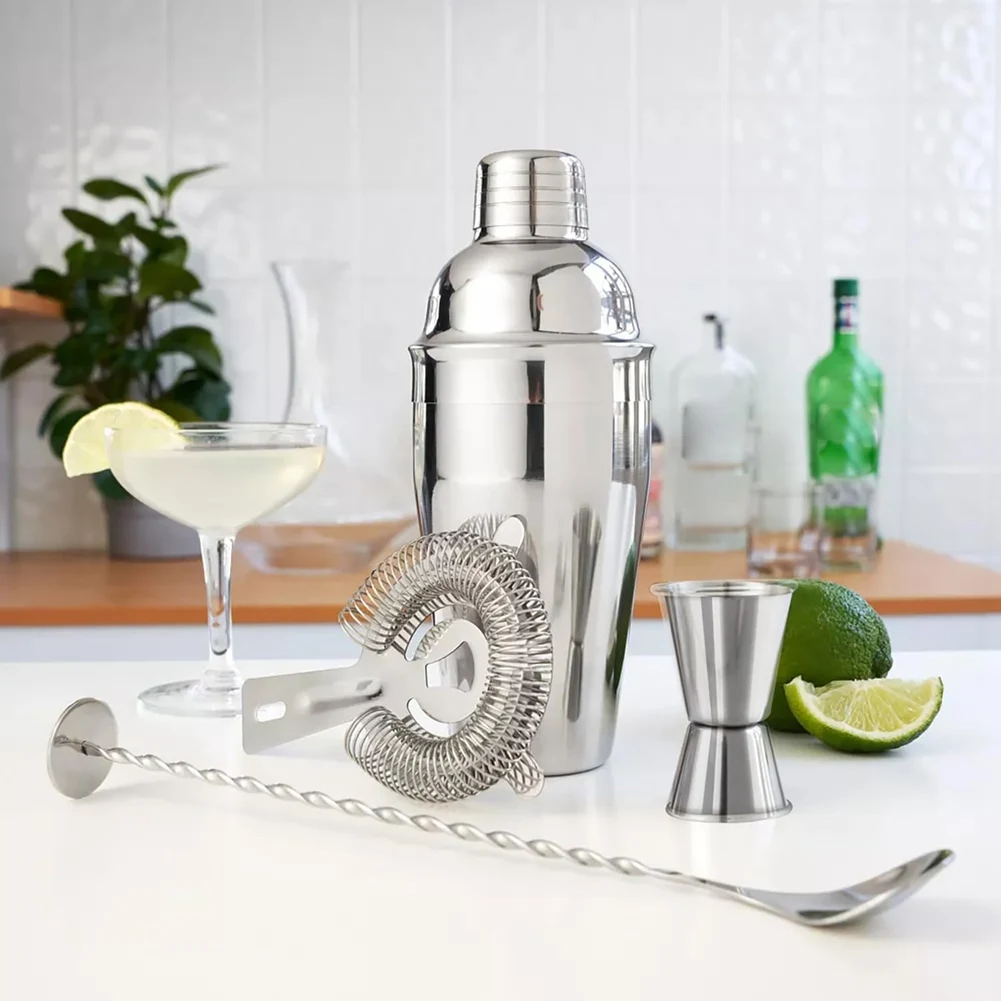 5-Piece Cocktail Shaker Set Shaker Strainer Jigger T-Mixing Spoon Muddler Bartender Kit Stainless Steel Bar Set-A68E
