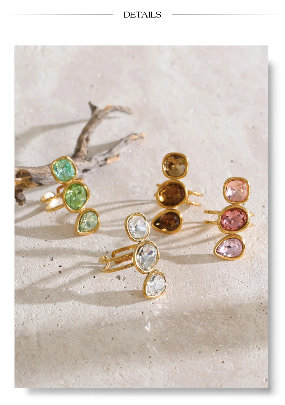 Yhpup Mehrfarbiger Edelstahl-Tropfenring mit quadratischem Kristall, offener, verstellbarer Ring, trendiger goldener Fingerschmuck. – Detail 8