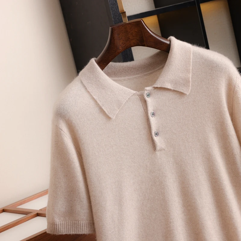 

100% cashmere men's pullover short-sleeved business casual knitted sweater T-shirt POLO collar jumper loose pull tees tops