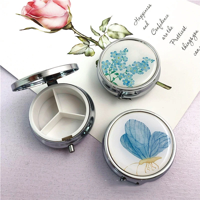 Pattern Box Pill Storage Container Medicine Box Metal Round Flower Print Folding Pill Case Medicine Organizer Pill Case