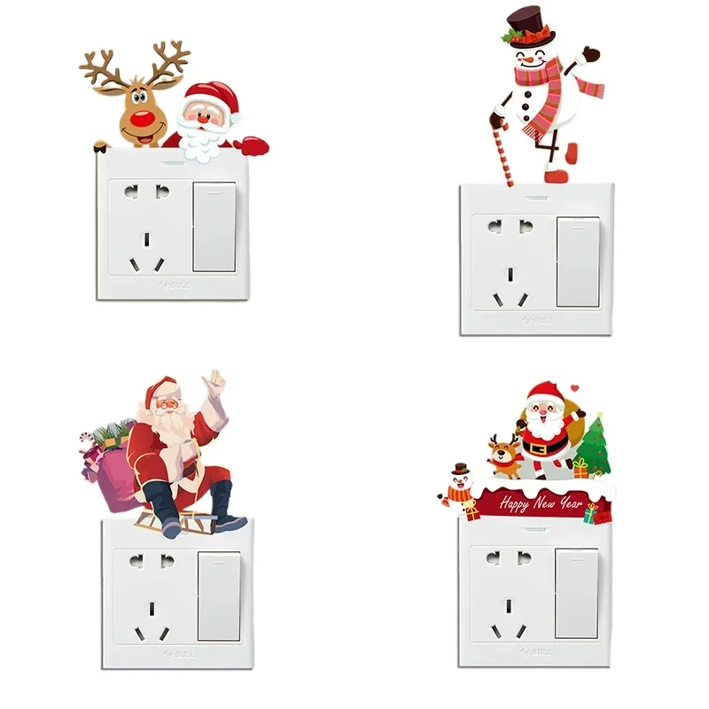 New Year Christmas Self Adhesive Stickers PVC Xmas Switch Window Decorative Sticker Removable Santa Elk Pattern New Year Decor