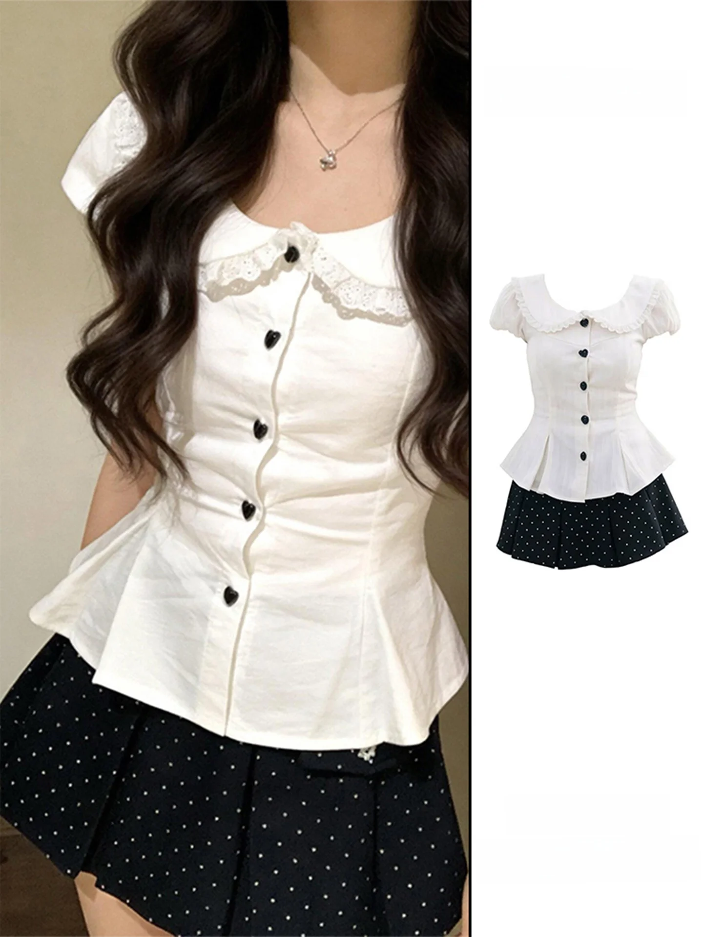 

Korean Style Summer Sweet Style Women's Outfit Set with Puff Sleeves Polka Dot Short Dress And Shirt Waist-Cinching Design