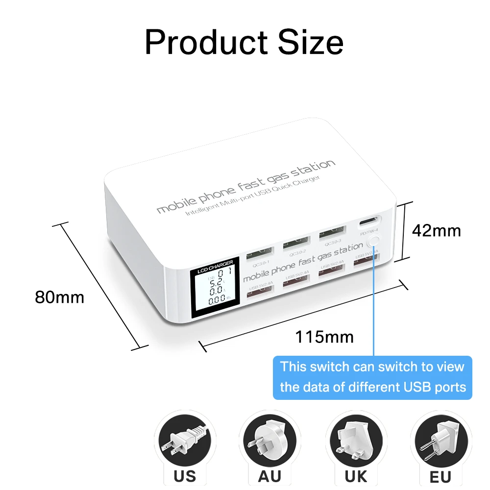 8 Ports USB Fast Charger Quick Charge QC3.0 PD3.0 Multi USB Charging Station LCD Digital Display Fast Charger for iphone Android