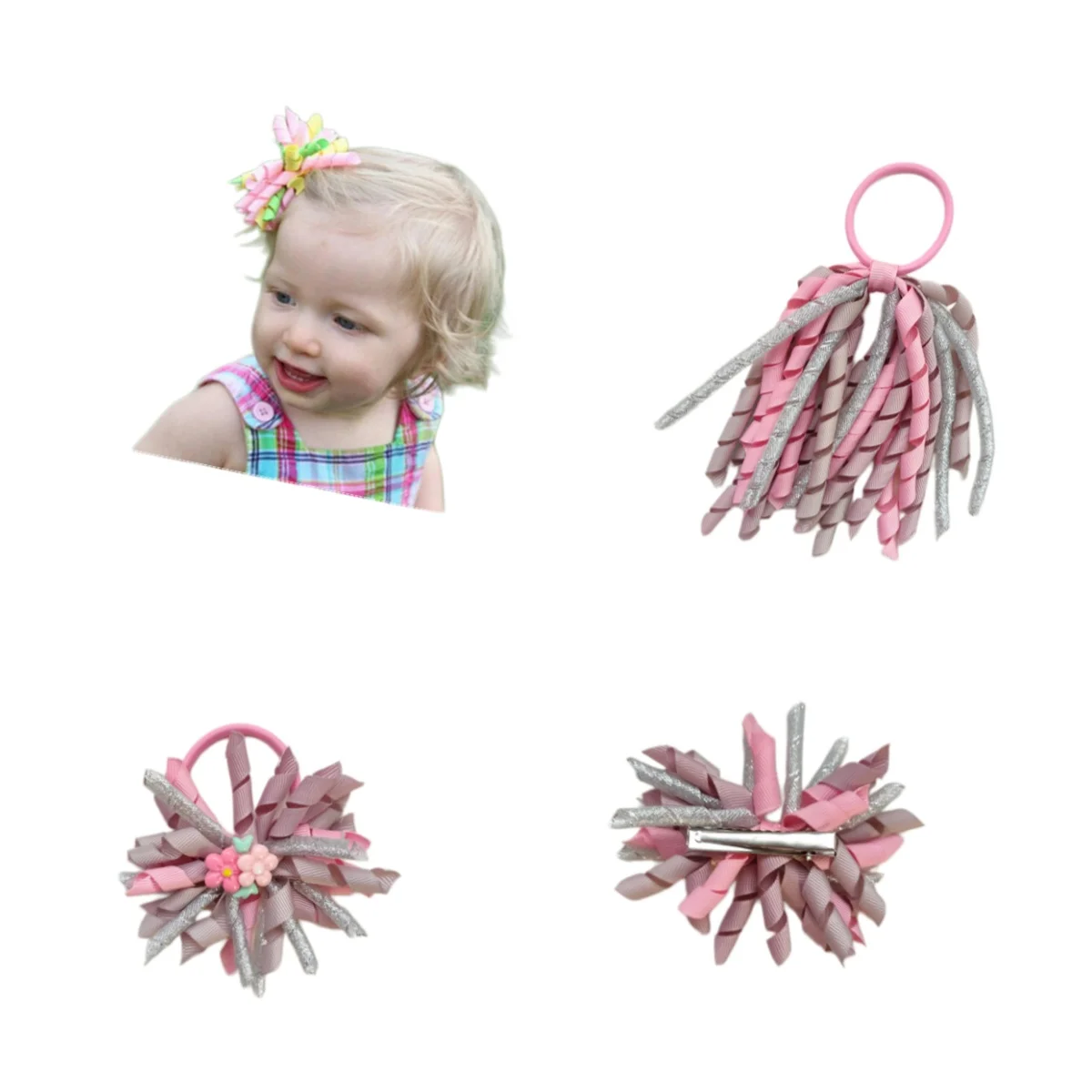 10 Sets  = 20 PCS Children's Girl Korker Flower Bow Hair Clip Ties Corker Gold And Silver Curlies Loop Glitter Ribbon