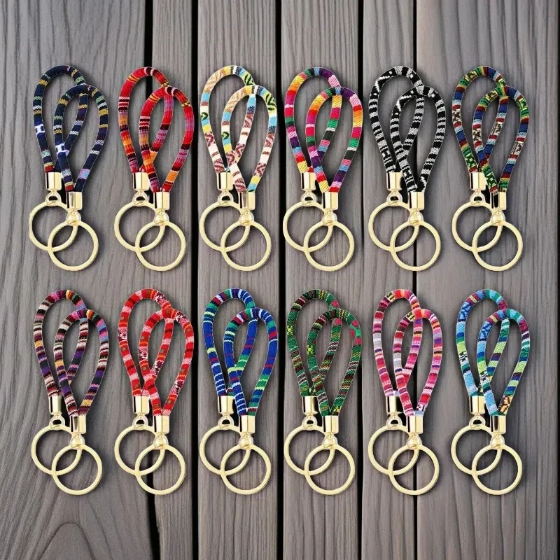

Colorful Striped Bohemian Design Fashion Ethnic Woven Keychains with Golden Metal Rings Durable Stylish Accessories Keyring Gift