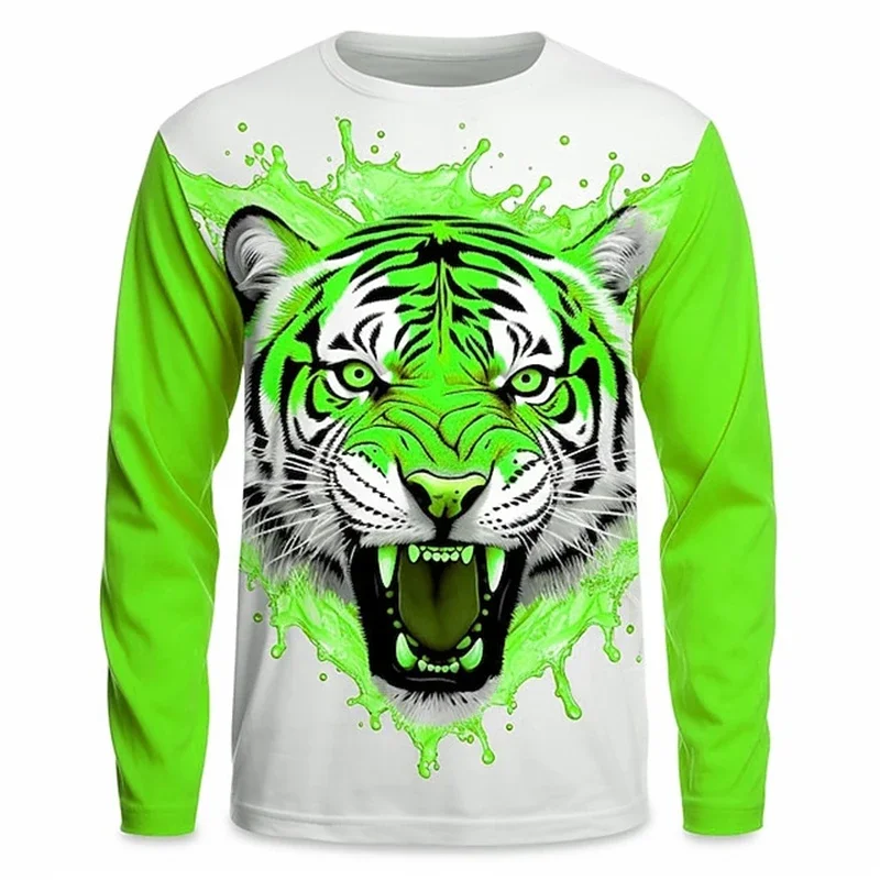 Men's 3D Print Tiger Graphic Long Sleeve T-Shirt Autumn Fashion Casual Crew Neck Tees Loose Breathable Quick Dry Clothes For Men