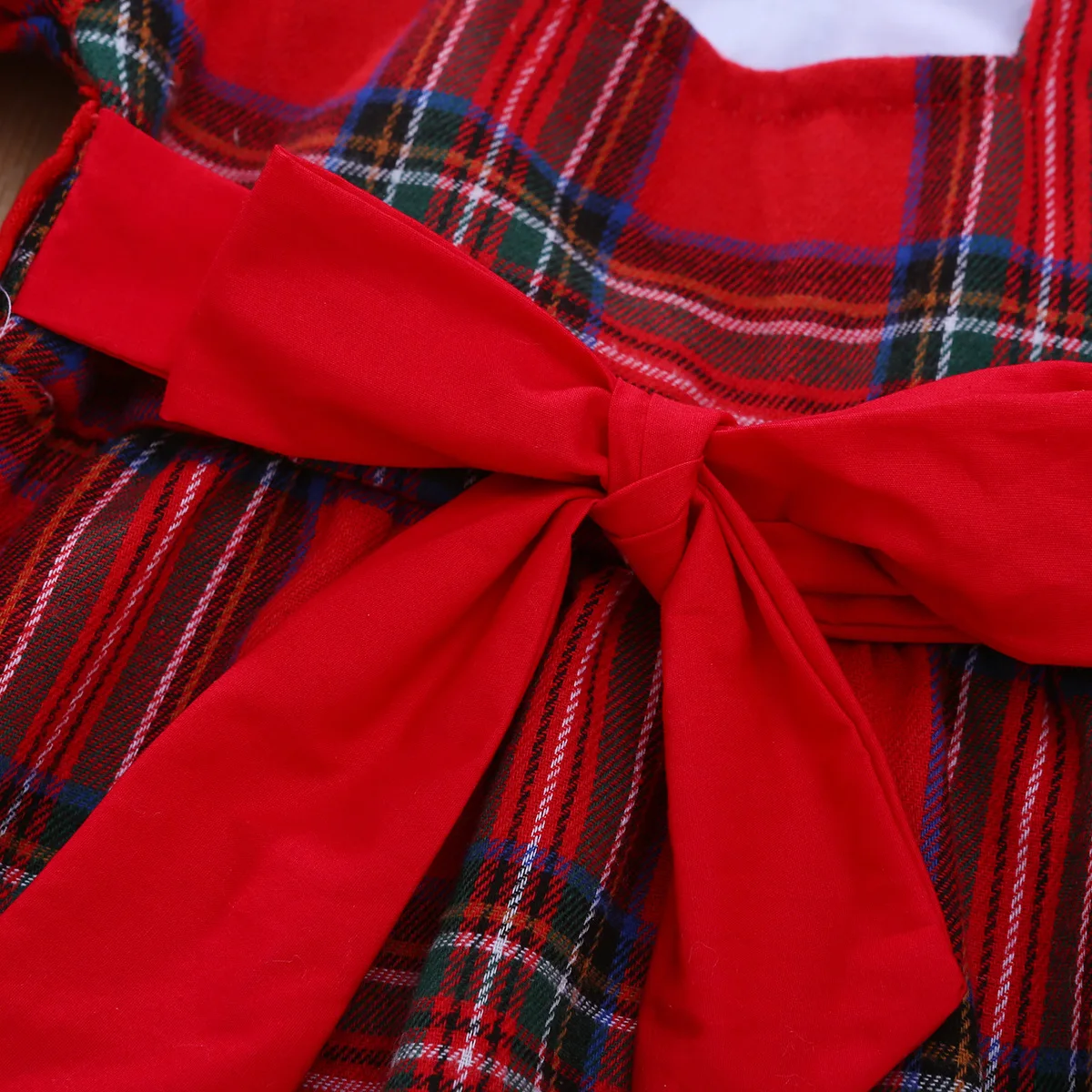 Weihnachtliches rotes kariertes Kurzarmkleid für Babys und Kleinkinder, süßes Feiertagsoutfit, Säuglingskleidung – Detail 7