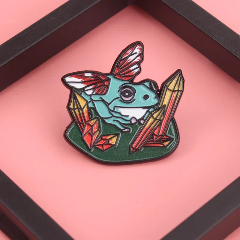 Celestial Ribbit Pin - Azure Frog with Crimson Wings Soaring Through Gemstone Rain [Fantasy Wetland Jewelry]