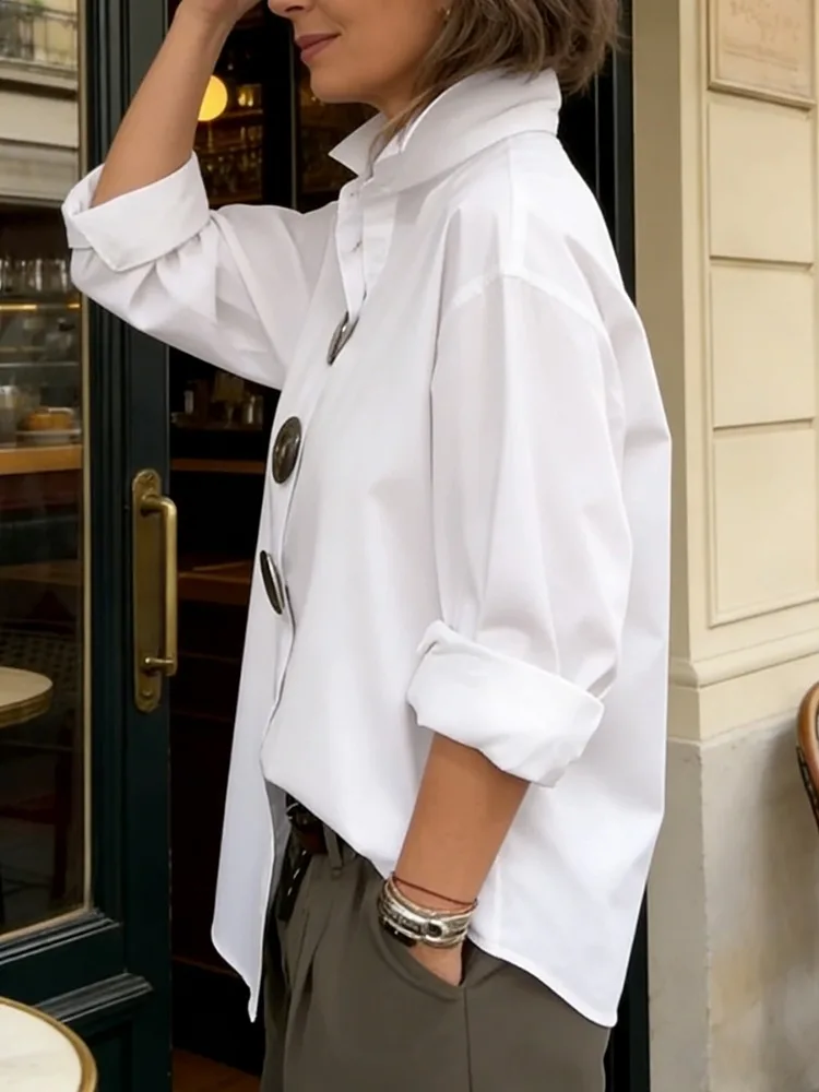 

UOOZEE 2026 Новая минималистичная однотонная рубашка с отложным воротником для женщин, элегантная, с крупными пуговицами, повседневная, с длинными рукавами, модные блузки и топы