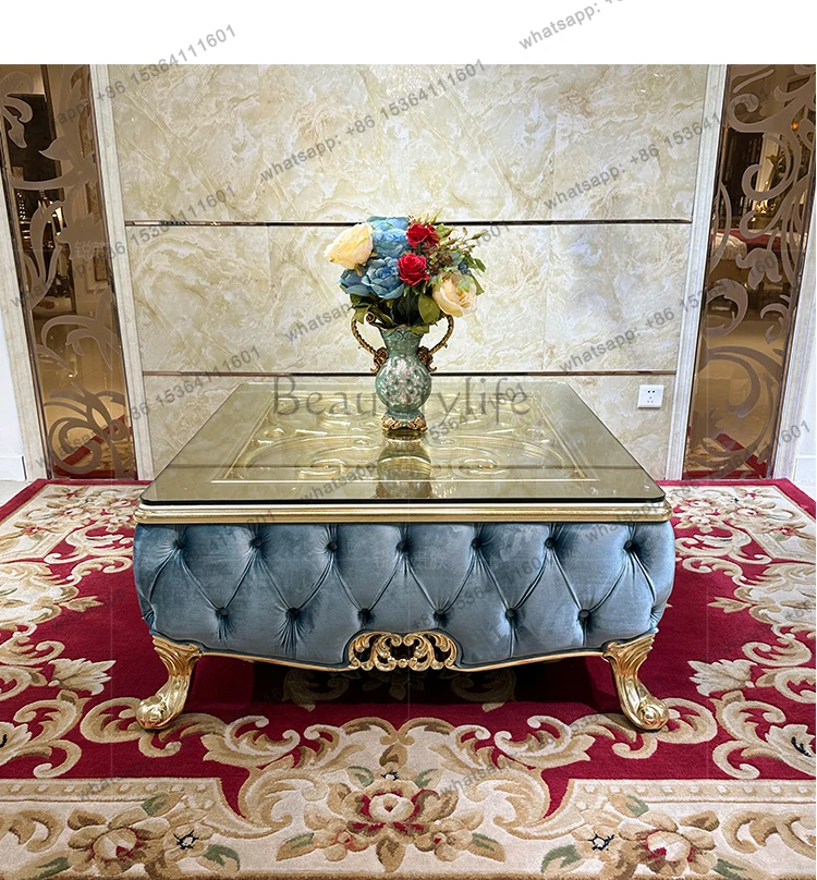 

French solid wood square table European luxury square large coffee table neoclassical tempered glass living room furniture