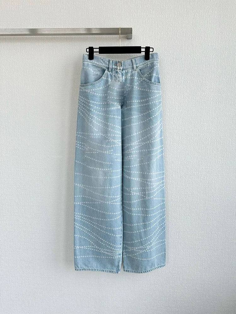 

Eza Nevjrh Blue Polka Dot Line High Waist Straight Leg Jeans Women's Premium Faion Commute Sle Wide Leg Pants