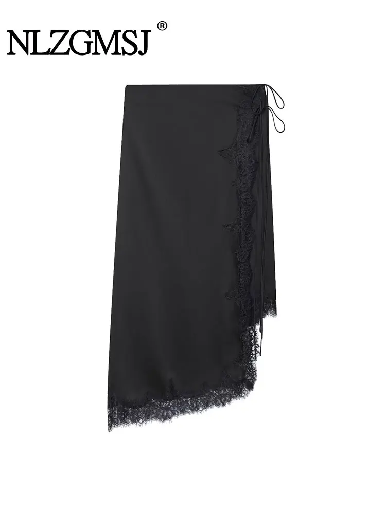 

NLZGMSJ Women 2025 AutumnElegant Satin Lace Skirt Asymmetry Long Straight Skirt Fashion Chic Party Mujer Skirt