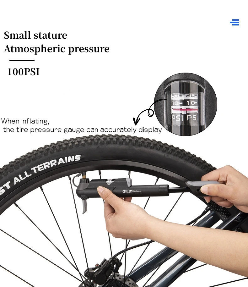 GIYO Original Bicycle Inflator Outdoor Accessories Barometer Mini Portable Pump For Schrader Valve French Valve SV (AV) PV(FV)