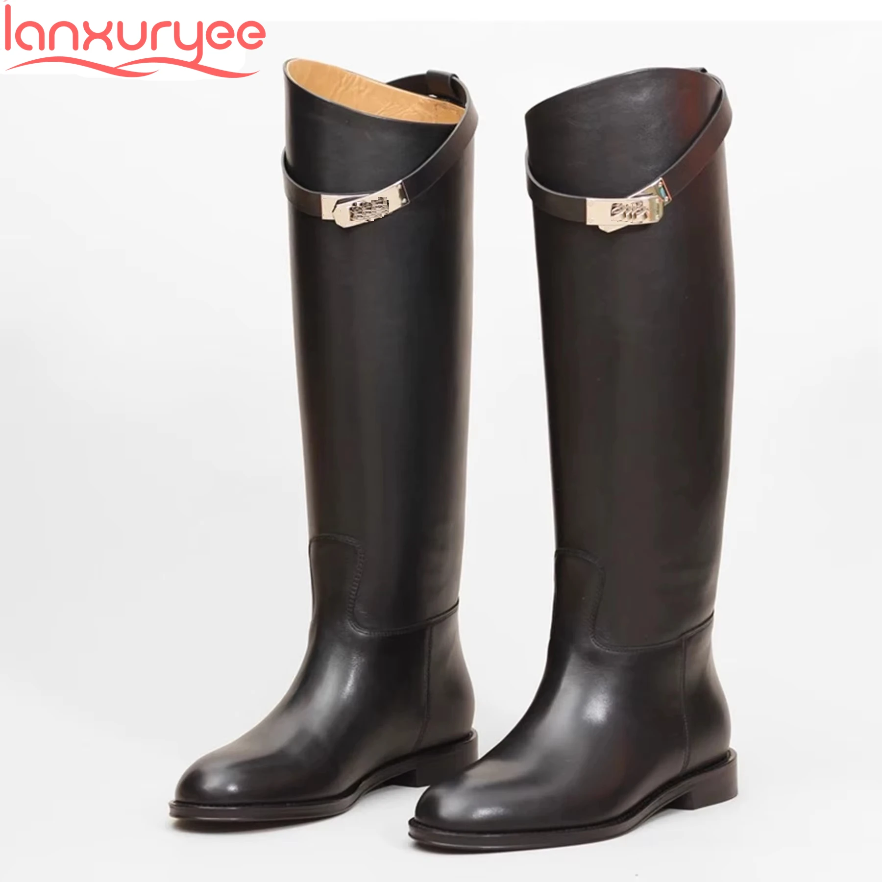 Lanxuryee 2025 Big Size Cow Leather Med Heels Elegant Riding Boots Brand Casual Belt Buckle Luxury Winter Runway Knee High Boots