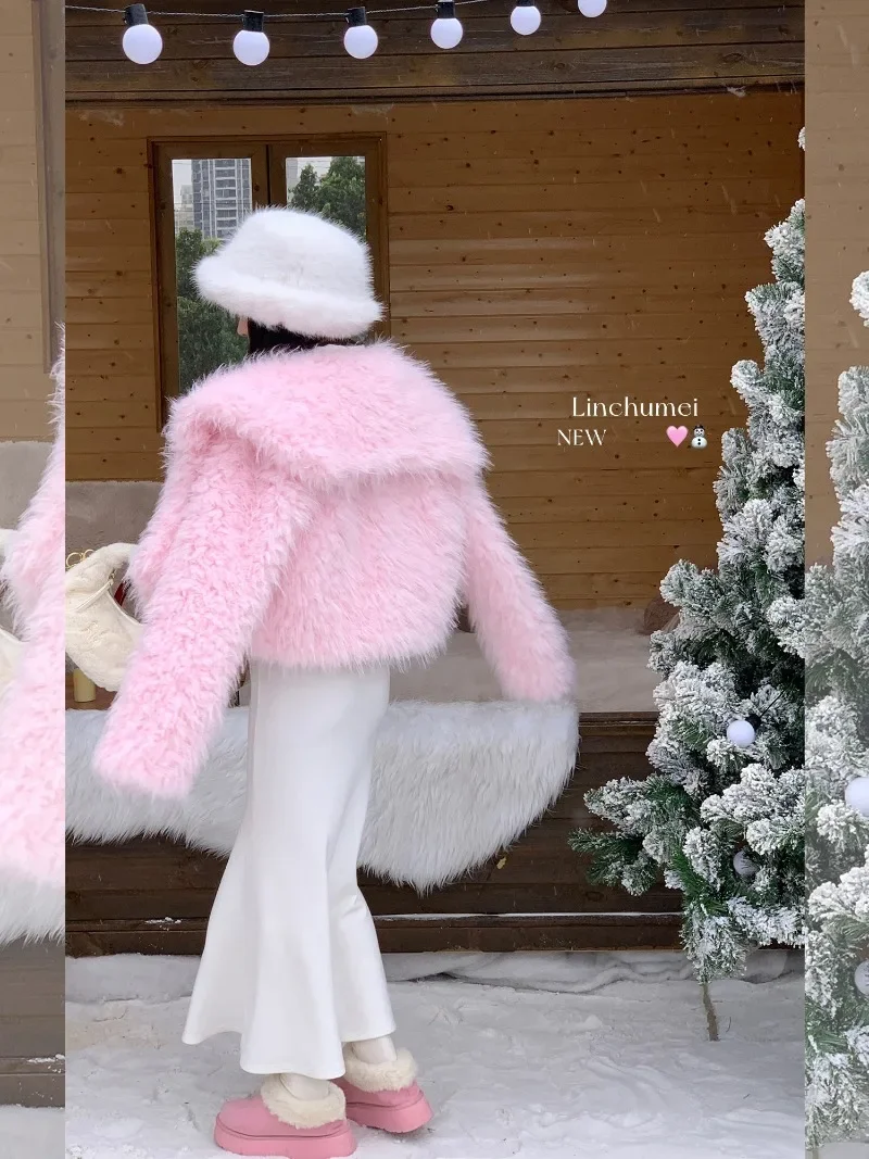 Giapponese Dolce Caldo Rosa Imitazione Giacca di Pelliccia di Volpe delle Donne di Inverno 2024 Nuova Versione Coreana Breve Y2k Cappotto di Lana