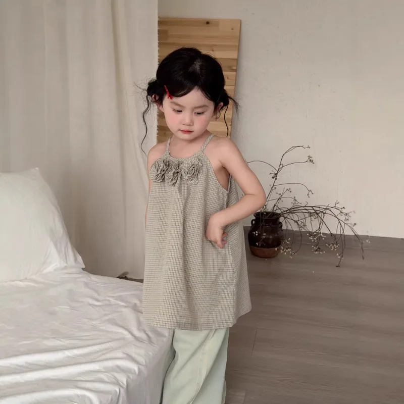 New Season Kids Korean Girls 3D Flower Skirt Children Stylish Plaid Camisole Dress Fashionable Stylish