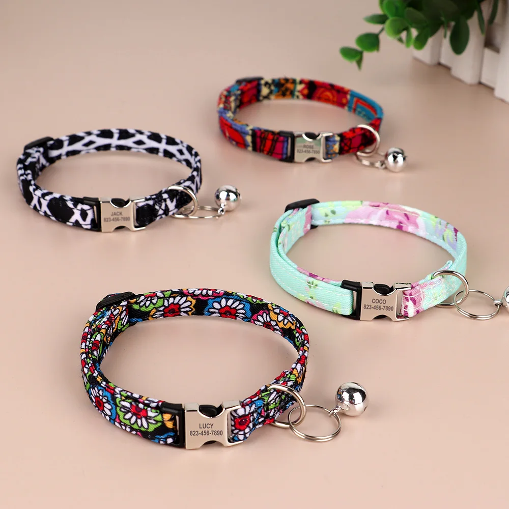 Custom Cat Collar Necklace Anti-lost Puppy Cats Name Collars Pet ID Name Buckle Collar For Small Dogs Cats Kitten Free Bell Gift