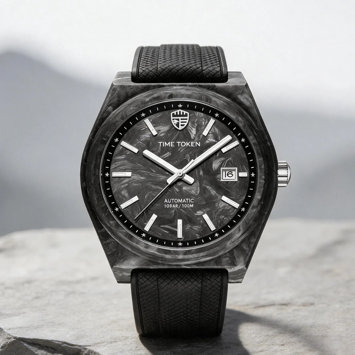 Luxury TIME TOKEN Mens Mechanical Watch Lightweight Carbon Fiber Case 100M Water Resistant Rubber Band Luminous Sport Watch T526