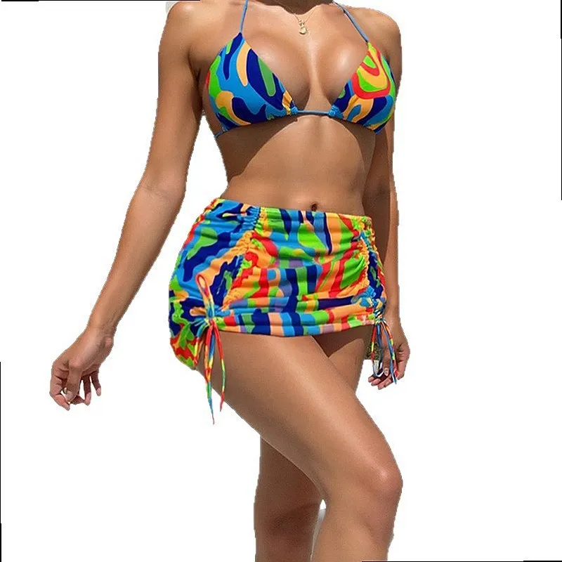 2026 Cross Border Shiny Mesh 3 Piece Bikini Set Sexy Two Piece Swimwear for Women Summer Beach Pool Wholesale Wear