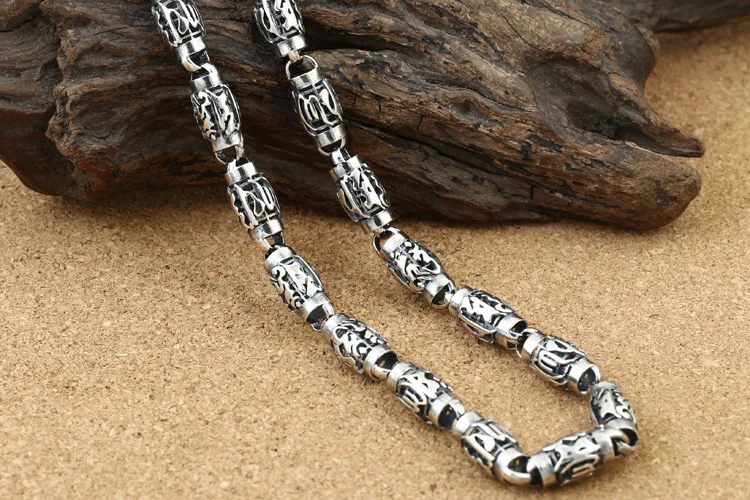 925 sterling silver men's and women's classic necklace trendy vintage Thai silver six words mantra stitching thick straps