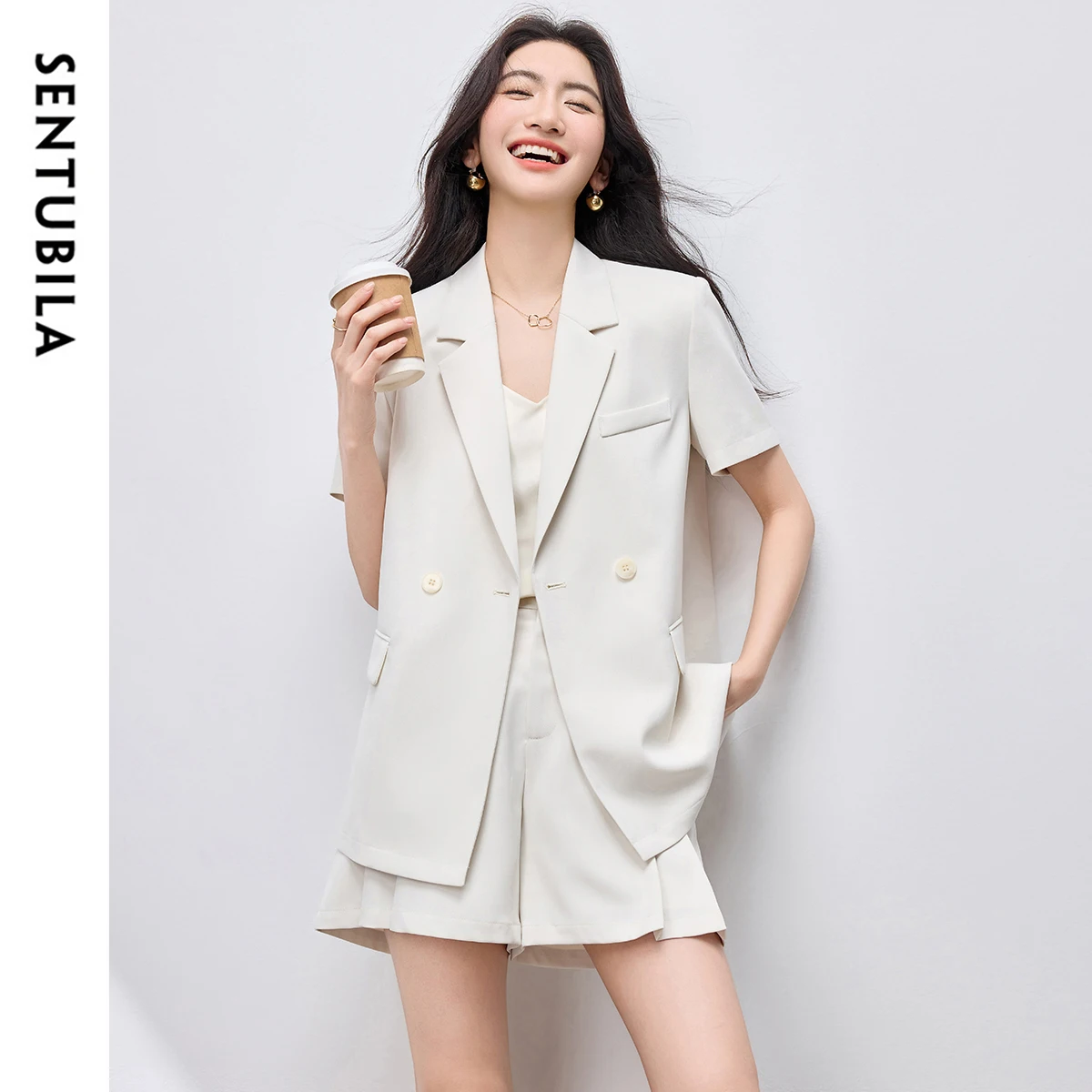 

SENTUBILA Women's 2 Piece Summer Suit Short Sleeve Blazer High Waist Shorts Set 2026 New Casual Office Business Outfit 152Z59326