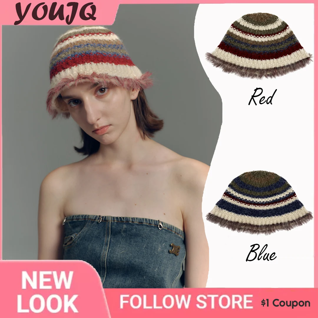

Korean Sweet Girls Crochet Stripe Pattern Bucket Hats For Women Ladies Fisherman Cap Color Matching Teens Trendy Windproof Caps