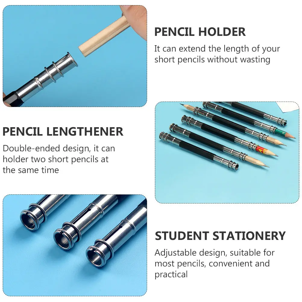 10Pcs Double-Ended Pencil Lengthener Stainless Steel Pencil Extender Holder Adjustable for Most Pencils Portable Lightweight