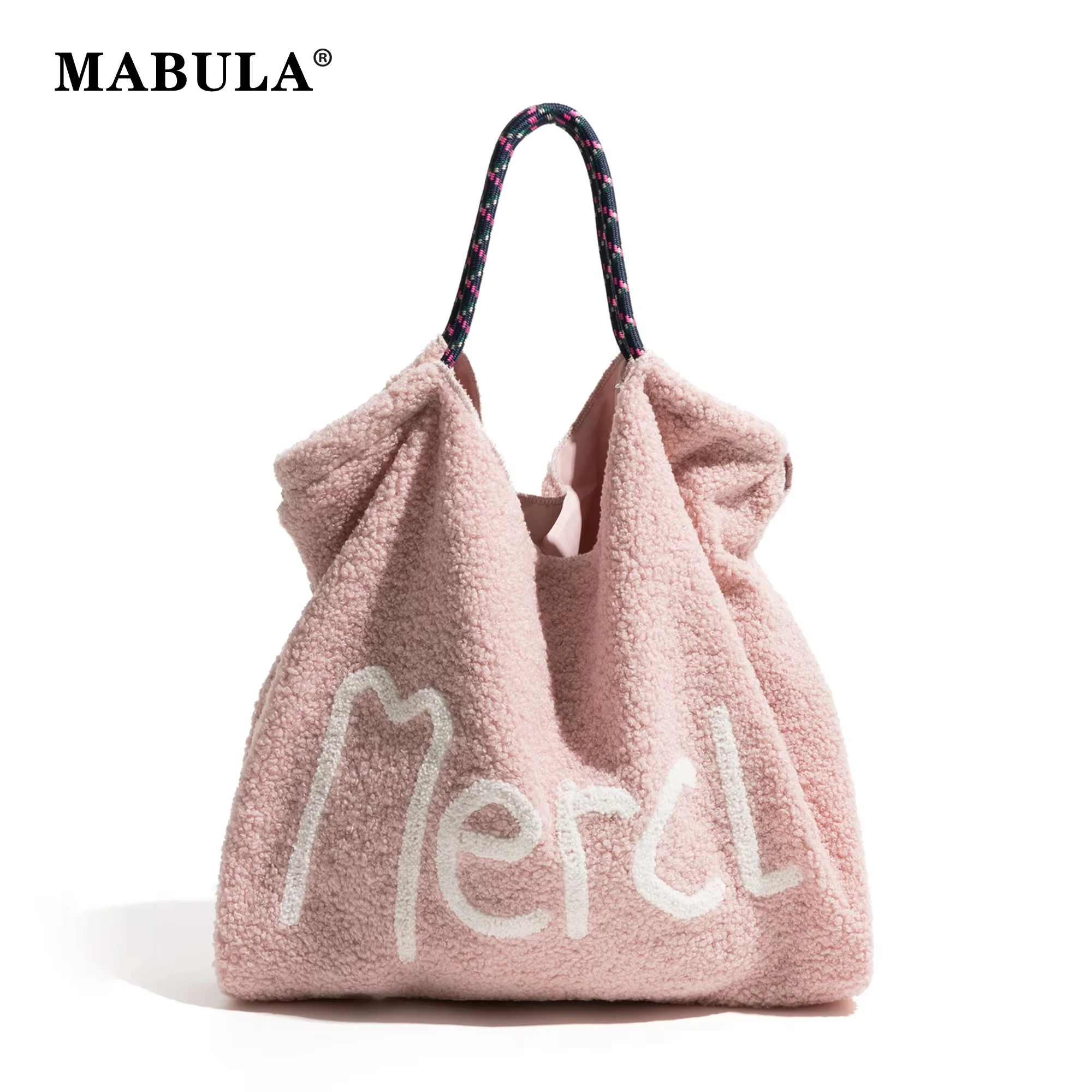 MABULA Pink Lamb Fabric Square Handbag Drawstring Design Soft Plush Faux Fur Large Capacity Shoulder Shopping Purse For Women