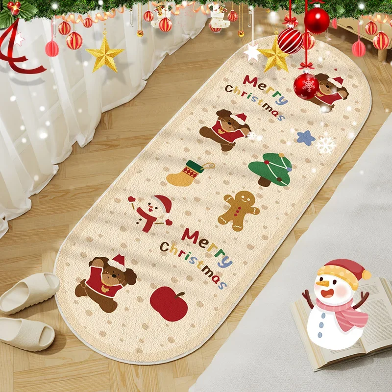 Cute Cartoon Christmas Bedside Mat Soft Wear-Resistant Faux Cashmere Carpet Interior Decoration for Bedroom and Living Room