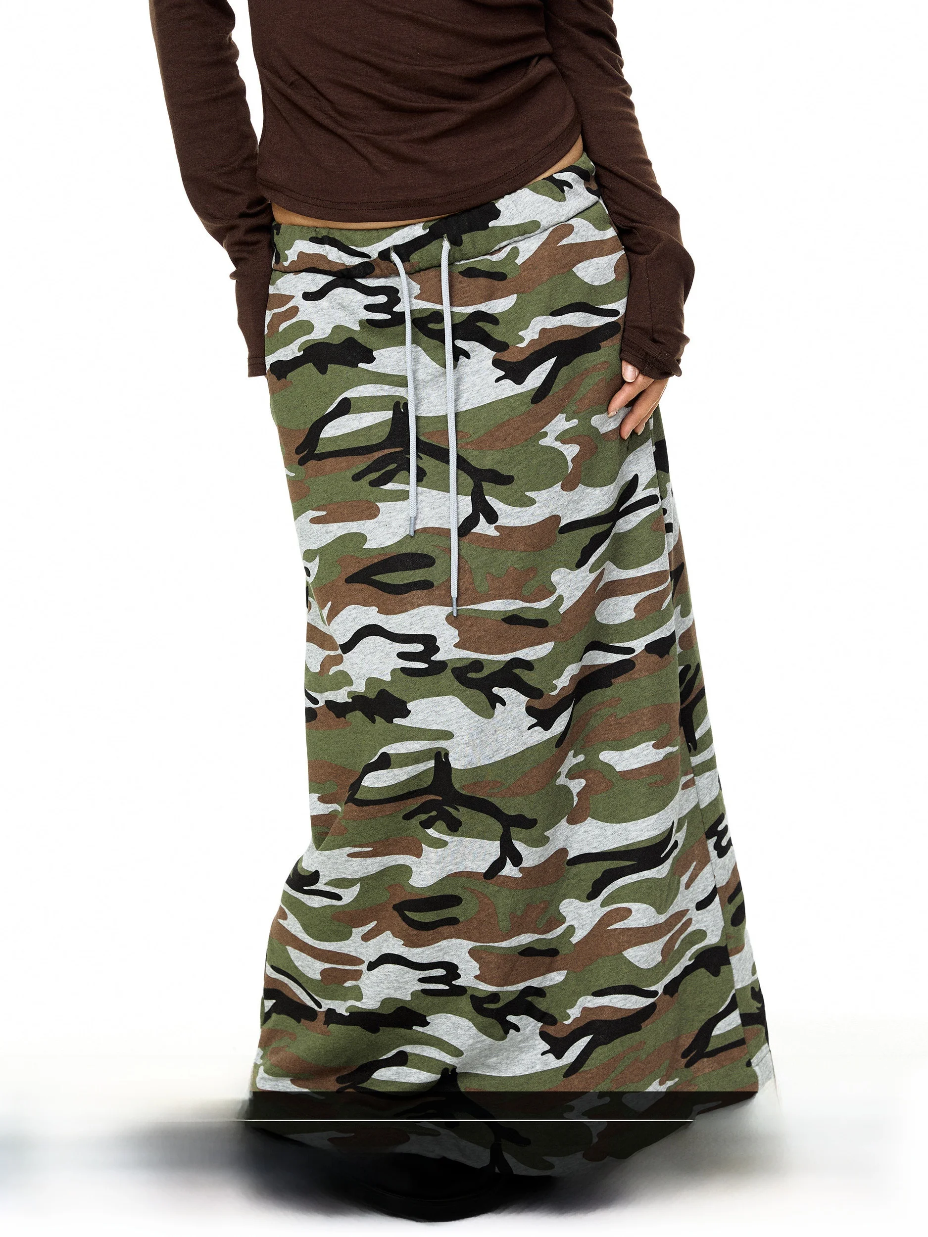 

Blackbb Retro Camouflage Print Drawstring A-Line Skirt Women's Spring New Style Versatile Loose Slimming Midi Skirt