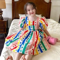 Summer Girls Colorful Dot Print Rainbow Waist Puffy Dress Square Neck Bubble Sleeved Sweet Princess Dress 3-8T