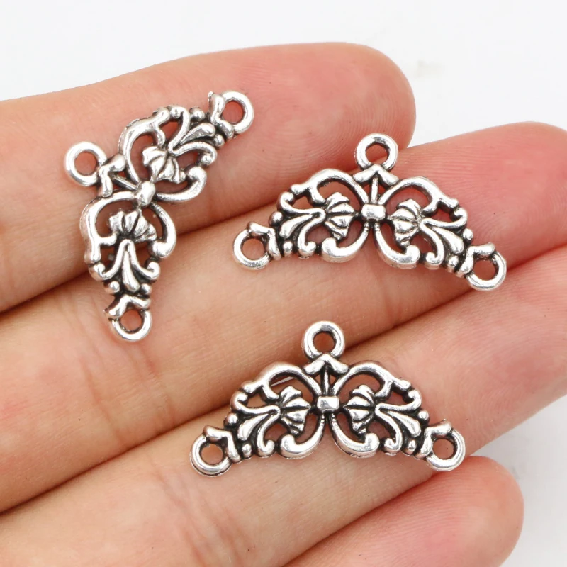 20pcs 14x26mm Antique Silver Plated Vintage Flower Retro Connector Charm Pendant DIY Necklace Jewelry Findings Accessories