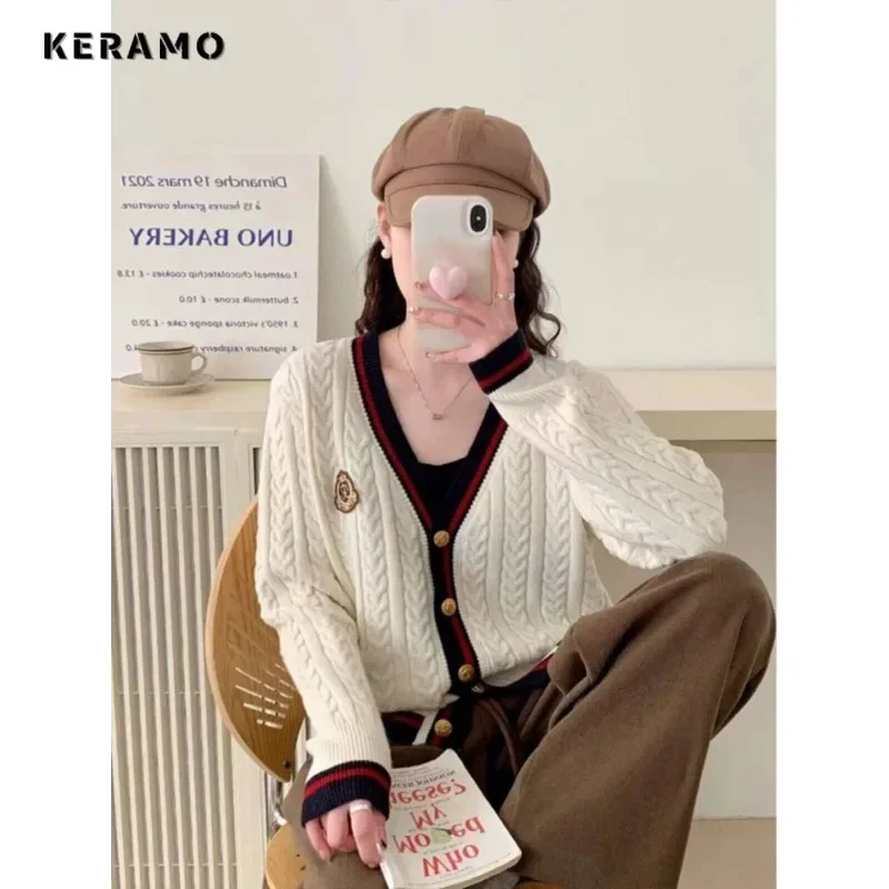 

2024 Winter Casual Office Lady Knitting Long Sleeve Cardigans Women's V-Neck Jumpers Vintage Elegant Slim Patchwork Sweater Top