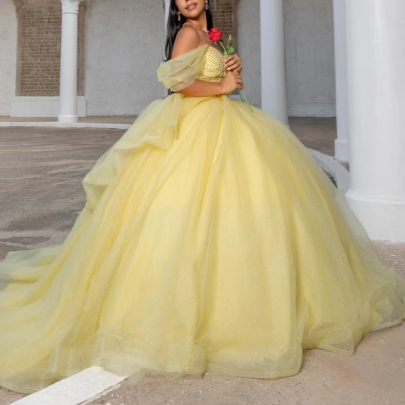 

Yellow Shiny Ball Gown Quinceanera Dresses Beading Crystal Tull Corset Off Shoulder Sweet 16 Dress Vestidos 15 De Anos