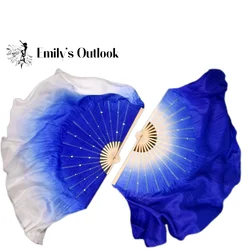 Royal Blue White Gradient Half Circle Belly Dance Veil Real Silk Dance Fan Pairs(1R+1L) Handmade Chinese Bamboo Fan 41cm-86cm