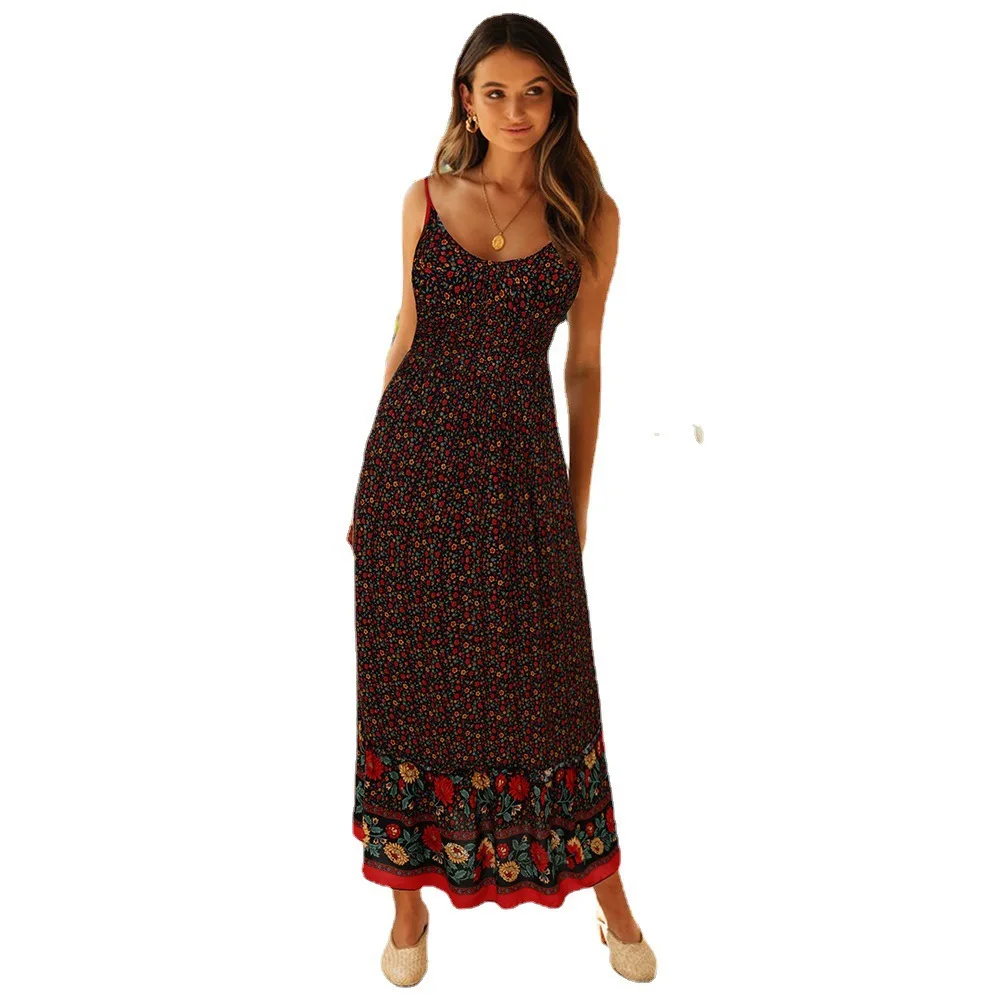 Bohemian Floral Spaghetti Strap Dresses Women Sexy V-neck Backless Casual Beach Vacation Long Dress Female Vestidos Summer New