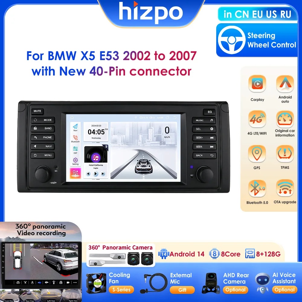 Hizpo 7" Android 14 Wireless Carplay For BMW 5 Series E39/ X5 E53/ M5 Android Auto GPS Multimedia Video Player 4G OBD DAB BT RDS
