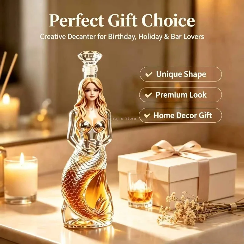 Unique Mermaid Figure Glass Wine Decanter Diamond‑Shape Stopper Decorative Bottle for Bar Lover Gift