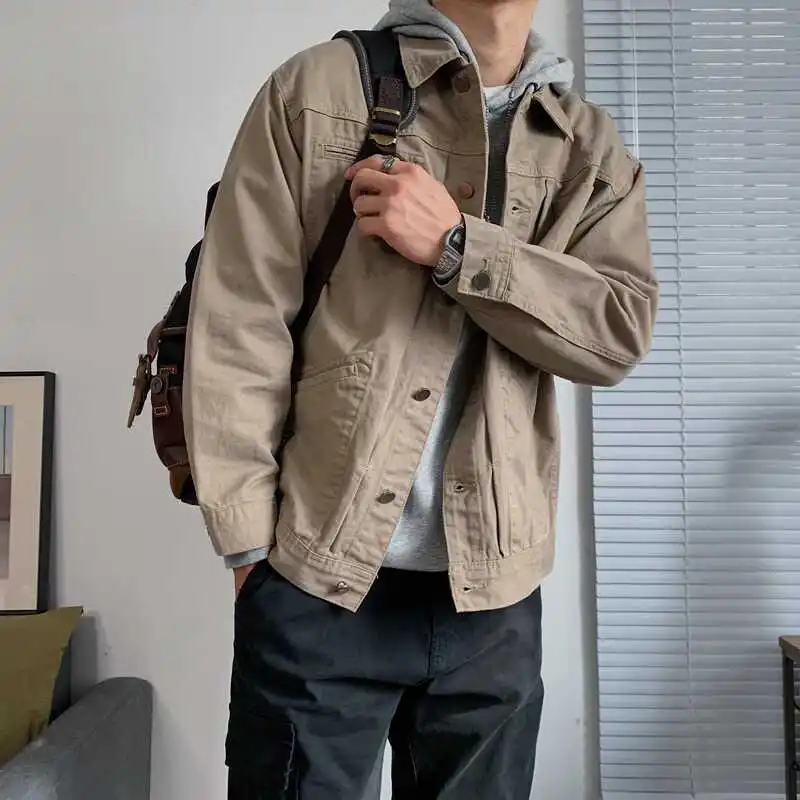 

Мужская повседневная рабочая куртка свободного кроя, весна-осень, новая модная джинсовая куртка с отложным воротником, универсальная молодежная верхняя одежда