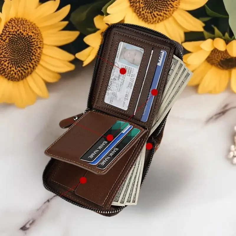 محافظ قصيرة فاخرة بسحاب للرجال، تصميم كلاسيكي، جيب للعملات المعدنية، فتحات متعددة للبطاقات، محفظة راقية، هدية مثالية