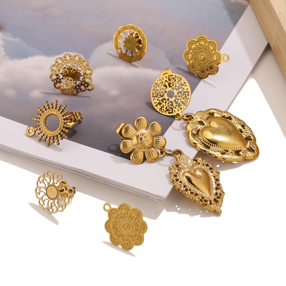6pcs/lot Gold Color Stainless Steel Sun Flower Blank Earring Studs Base Pins With Earring Plug Ear Back for DIY Jewelry Making image 4