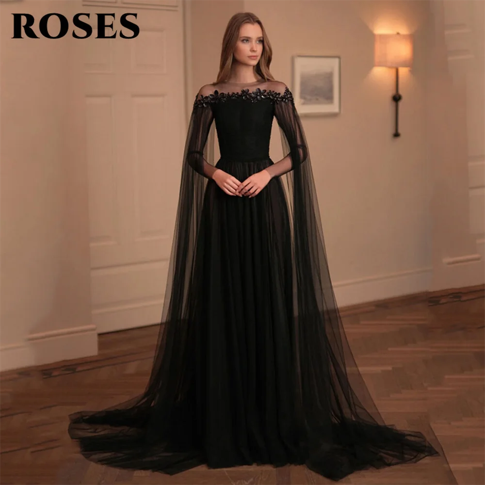 ROSES Black Prom Dresses Off The Shoulder Tulle Wedding Party Dress with Sheer Cape Sleeves and Embellished Neckline Customized